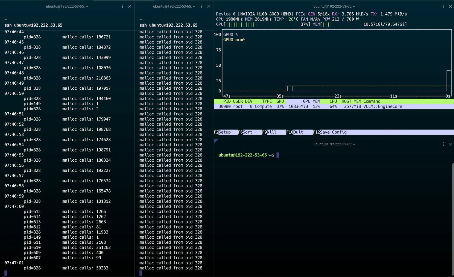 bpftime showing 100K-218K malloc calls per second during vLLM model loading on NVIDIA H100