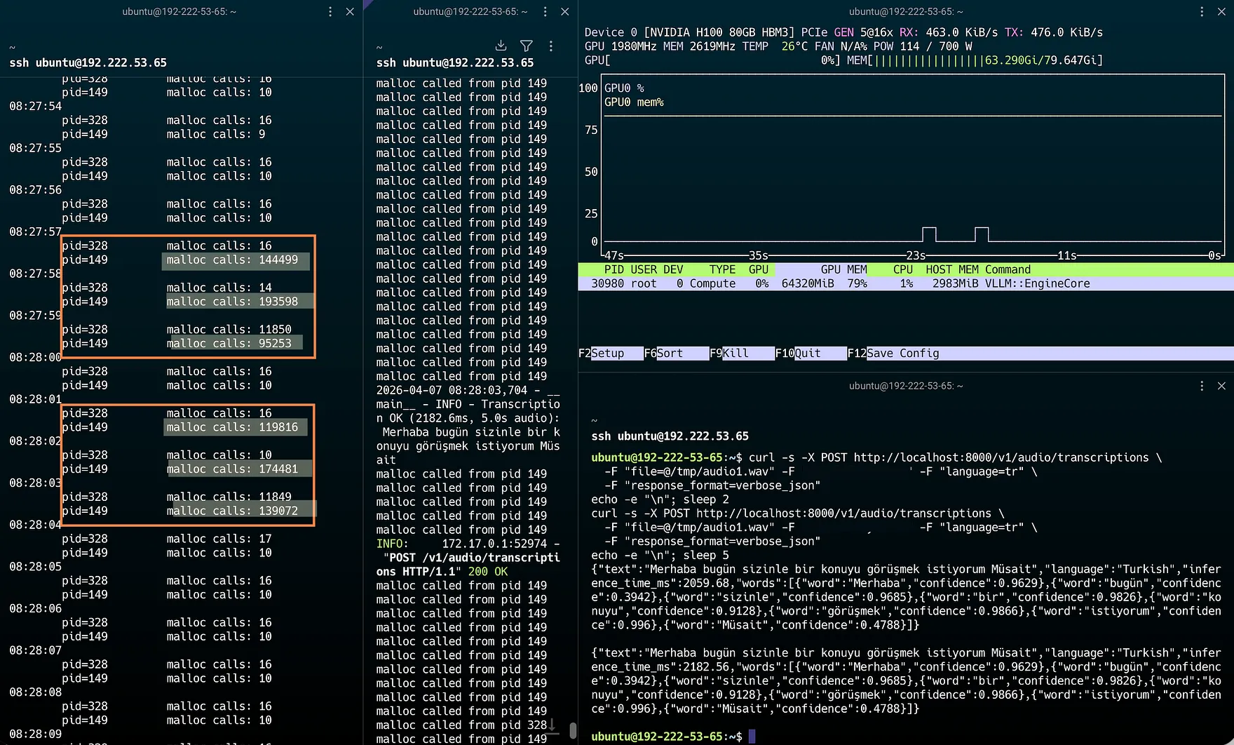 Two identical audio requests showing no caching,each processed from scratch with similar malloc patterns