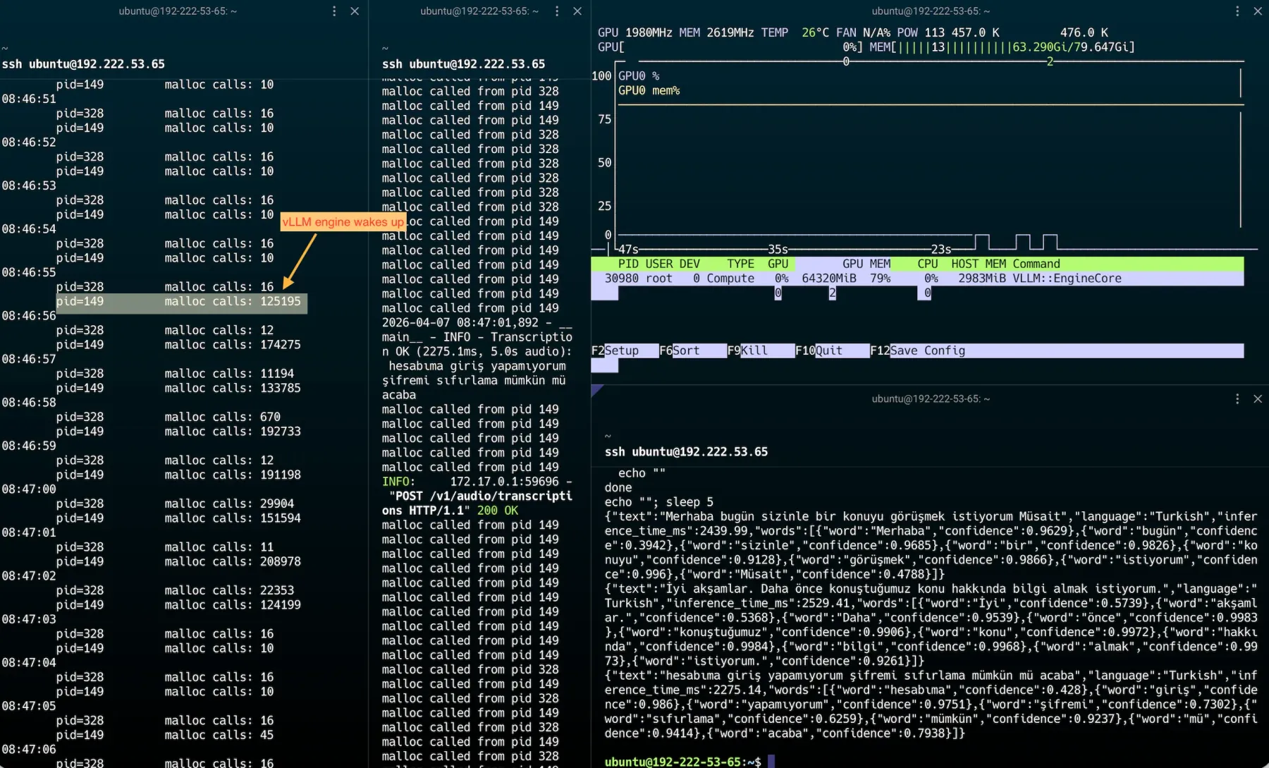 Three serial STT requests showing FastAPI and vLLM engine memory allocation patterns via bpftime